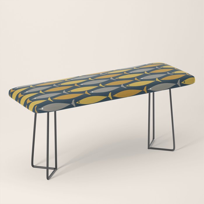 Mid Century Modern Fish Stripes Pattern in Light Mustard, Dark Mustard, Grey, and Navy Blue Bench Gallery Image 1