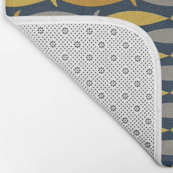 Mid Century Modern Fish Stripes Pattern in Light Mustard, Dark Mustard, Grey, and Navy Blue Bath Mat Gallery Image 2