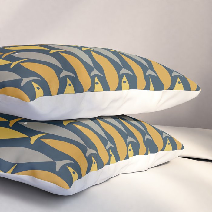 Mid Century Modern Fish Stripes Pattern in Light Mustard, Dark Mustard, Grey, and Navy Blue Pillow Sham Gallery Image 3