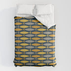 Mid Century Modern Fish Stripes Pattern in Light Mustard, Dark Mustard, Grey, and Navy Blue Duvet Cover Gallery Image 6