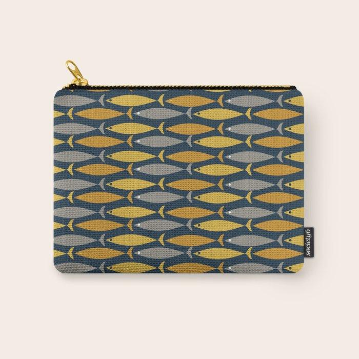 Mid Century Modern Fish Stripes Pattern in Light Mustard, Dark Mustard, Grey, and Navy Blue Carry All Pouch Gallery Image 1