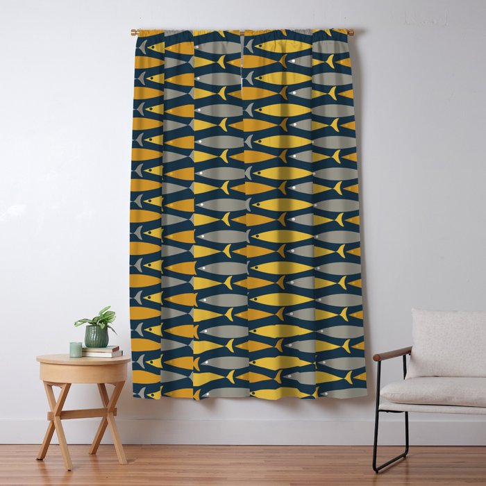 Mid Century Modern Fish Stripes Pattern in Light Mustard, Dark Mustard, Grey, and Navy Blue Window Curtain Gallery Image 1
