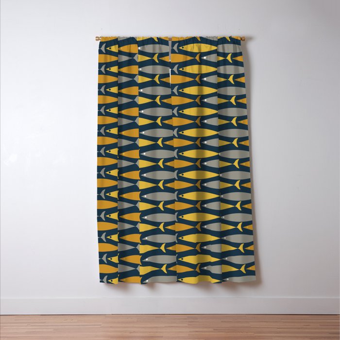 Mid Century Modern Fish Stripes Pattern in Light Mustard, Dark Mustard, Grey, and Navy Blue Window Curtain Gallery Image 3