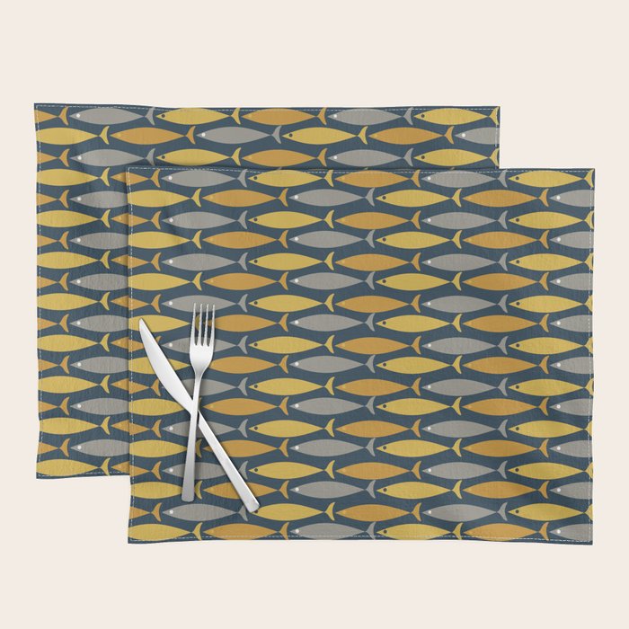 Mid Century Modern Fish Stripes Pattern in Light Mustard, Dark Mustard, Grey, and Navy Blue Placemat Gallery Image 1