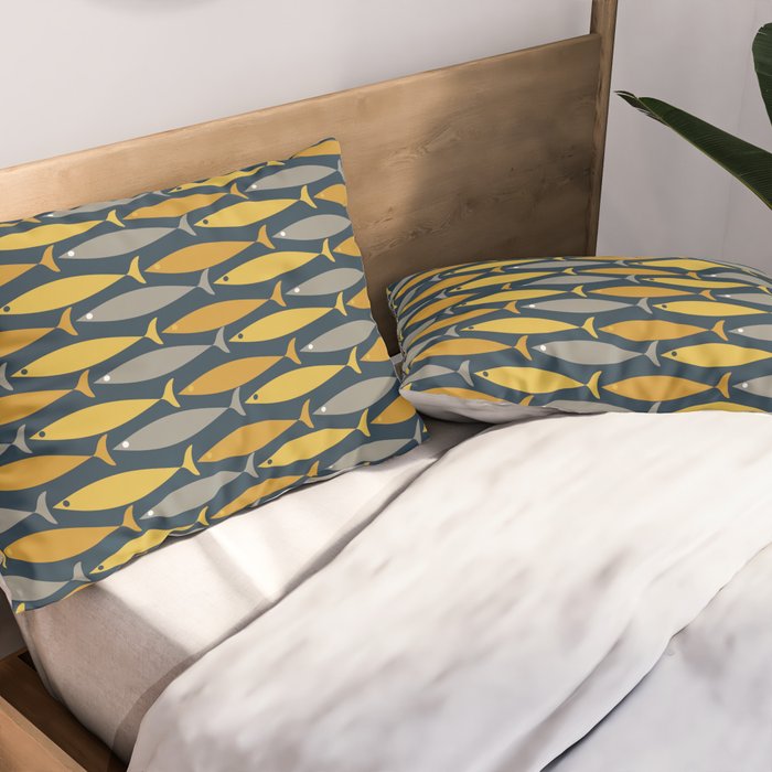 Mid Century Modern Fish Stripes Pattern in Light Mustard, Dark Mustard, Grey, and Navy Blue Pillow Sham Gallery Image 2