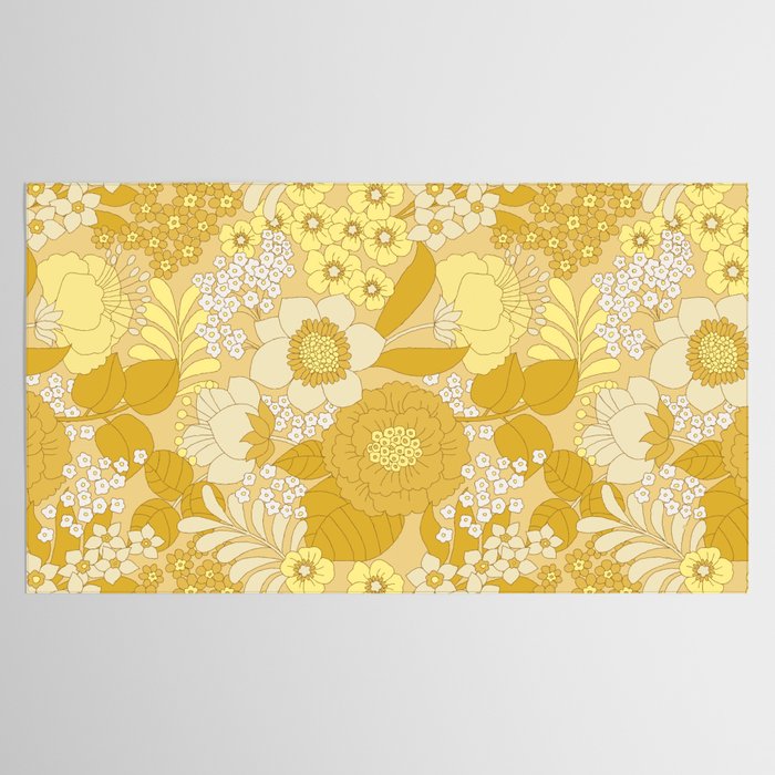 Yellow, Ivory & Brown Retro Floral Pattern Tablecloth Gallery Image 2