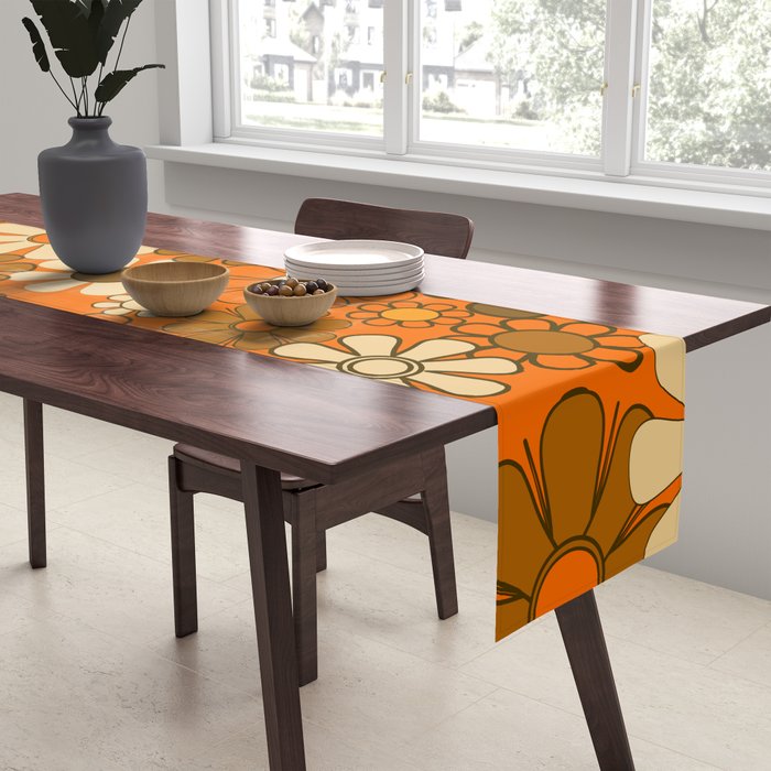 70s Retro Floral Pattern Groovy Garden Flowers in Orange and Brown Table Runner Gallery Image 2