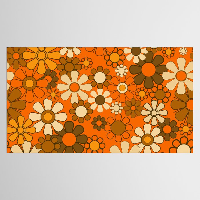 70s Retro Floral Pattern Groovy Garden Flowers in Orange and Brown Tablecloth Gallery Image 2