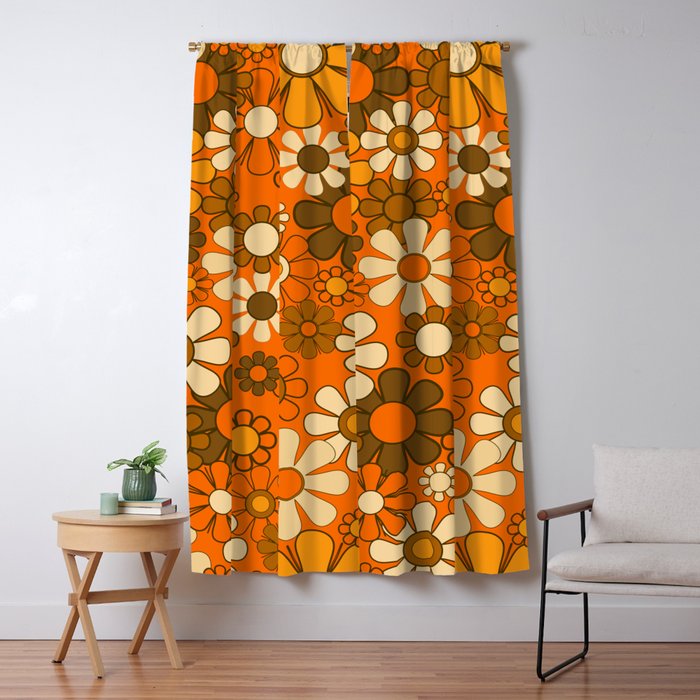 70s Retro Floral Pattern Groovy Garden Flowers in Orange and Brown Window Curtain Gallery Image 5