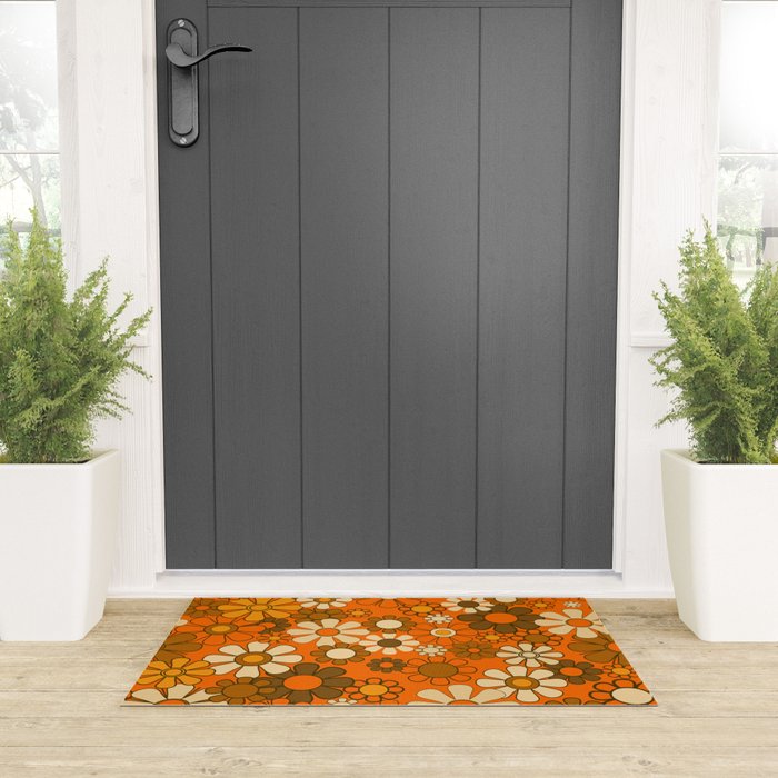 70s Retro Floral Pattern Groovy Garden Flowers in Orange and Brown Welcome Mat Gallery Image 3