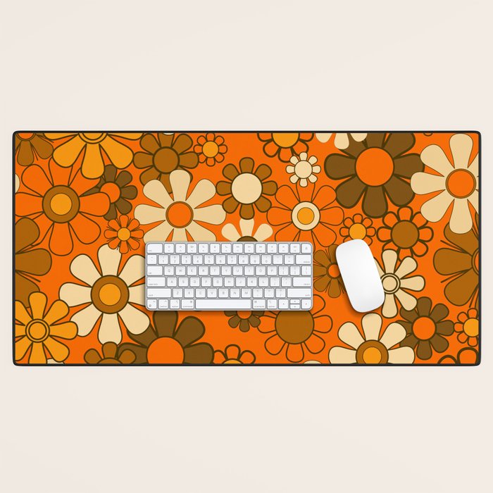 70s Retro Floral Pattern Groovy Garden Flowers in Orange and Brown Desk Mat Gallery Image 1
