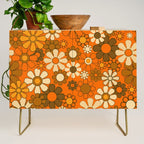 70s Retro Floral Pattern Groovy Garden Flowers in Orange and Brown Credenza Gallery Image 1