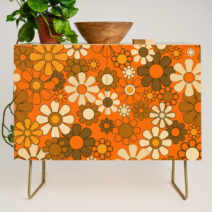 70s Retro Floral Pattern Groovy Garden Flowers in Orange and Brown Credenza Gallery Image 1