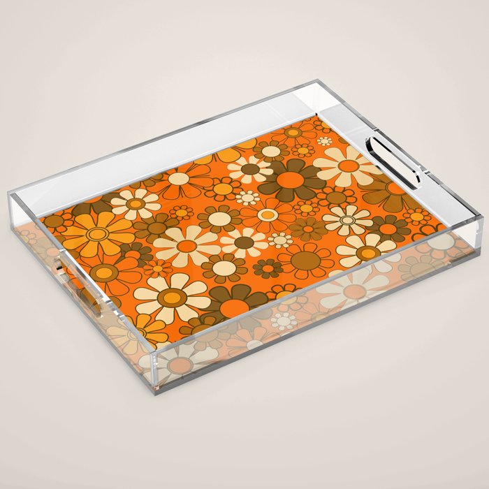 70s Retro Floral Pattern Groovy Garden Flowers in Orange and Brown Acrylic Tray Gallery Image 1