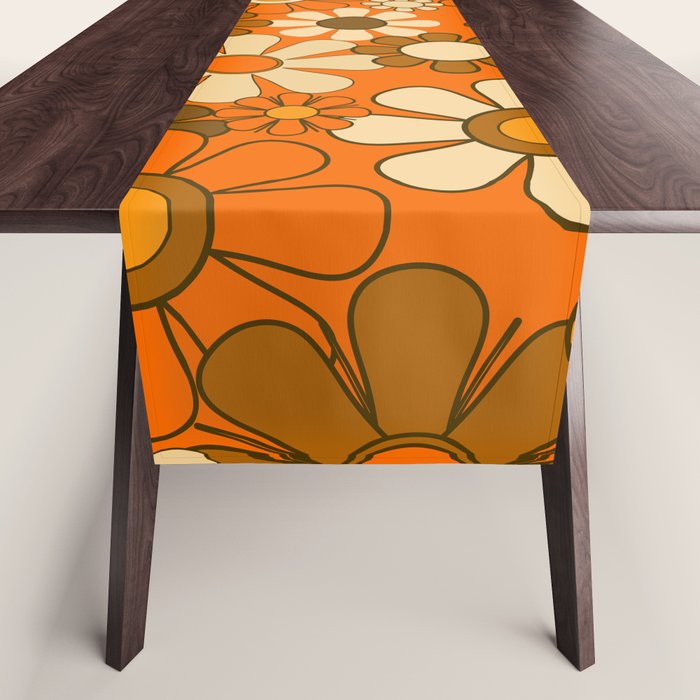 70s Retro Floral Pattern Groovy Garden Flowers in Orange and Brown Table Runner Gallery Image 1