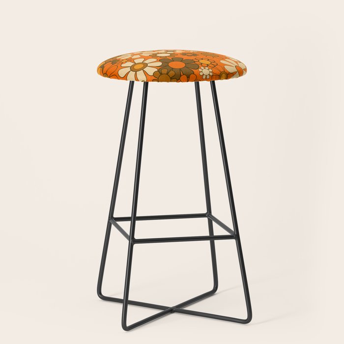 70s Retro Floral Pattern Groovy Garden Flowers in Orange and Brown Stool Gallery Image 1