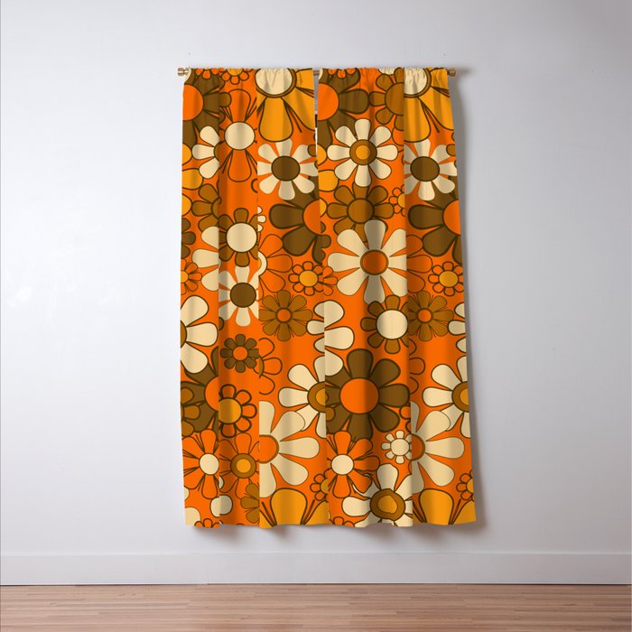 70s Retro Floral Pattern Groovy Garden Flowers in Orange and Brown Window Curtain Gallery Image 3