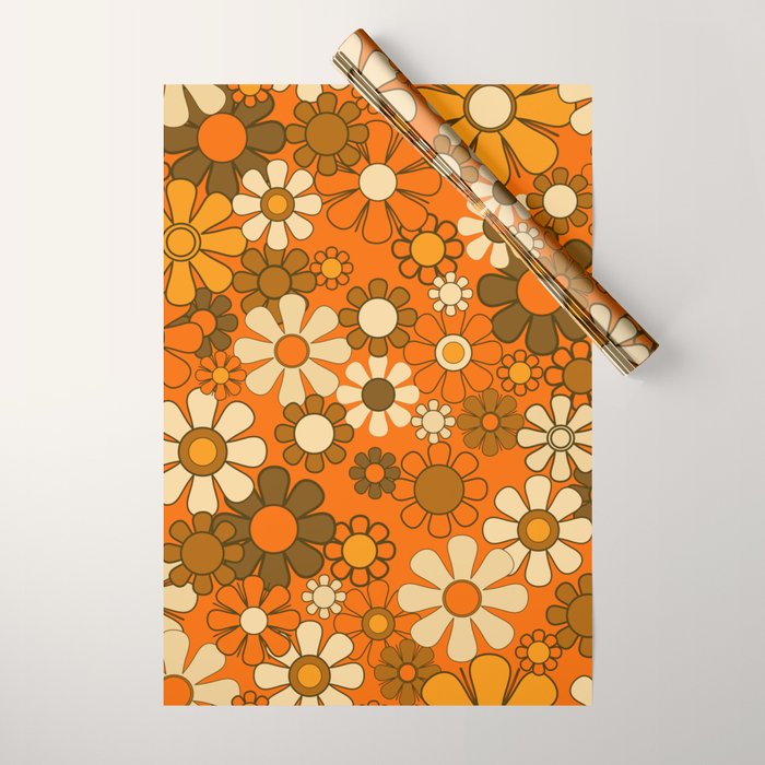 70s Retro Floral Pattern Groovy Garden Flowers in Orange and Brown Wrapping Paper Gallery Image 1