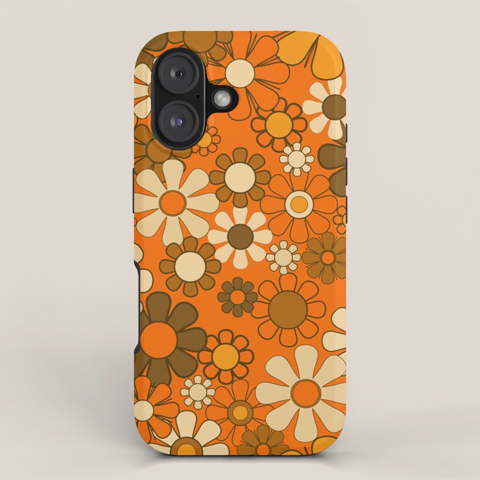 70s Retro Floral Pattern Groovy Garden Flowers in Orange and Brown iPhone Case Gallery Image 1