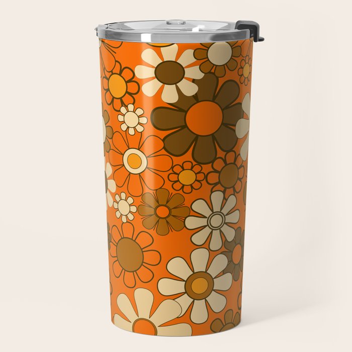 70s Retro Floral Pattern Groovy Garden Flowers in Orange and Brown Travel Mug Gallery Image 2