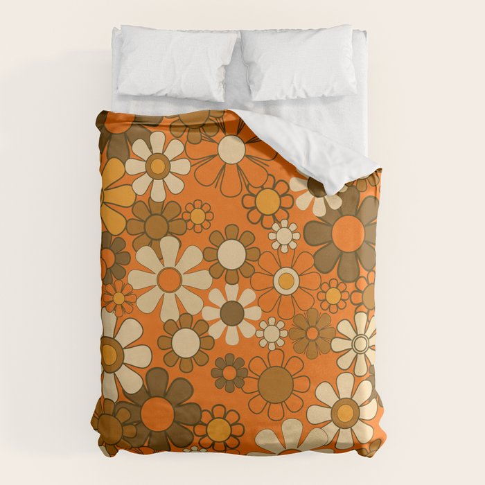 70s Retro Floral Pattern Groovy Garden Flowers in Orange and Brown Duvet Cover Gallery Image 6