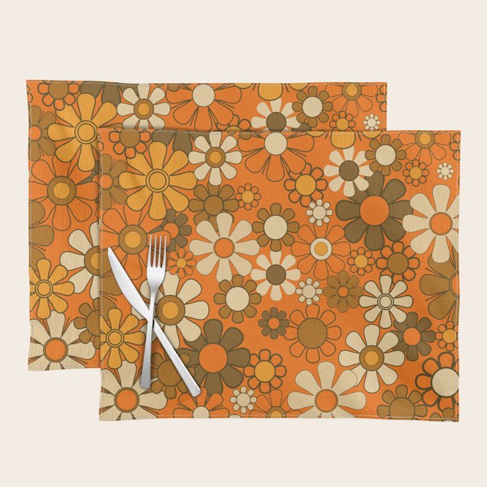 70s Retro Floral Pattern Groovy Garden Flowers in Orange and Brown Placemat Gallery Image 1