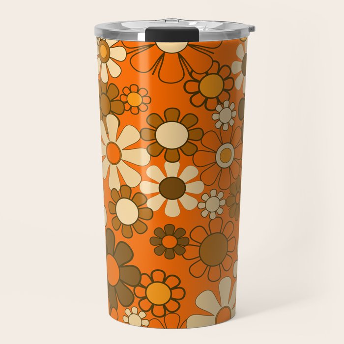 70s Retro Floral Pattern Groovy Garden Flowers in Orange and Brown Travel Mug Gallery Image 1