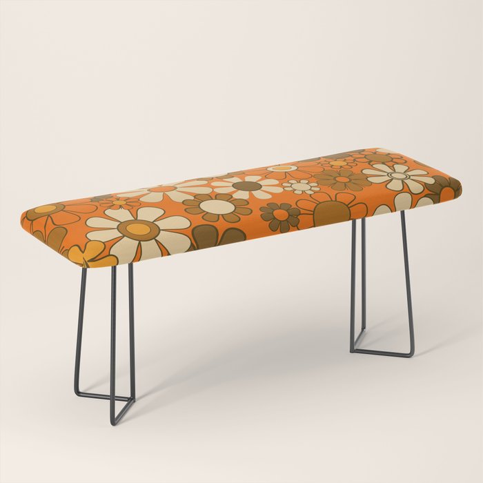 70s Retro Floral Pattern Groovy Garden Flowers in Orange and Brown Bench Gallery Image 1