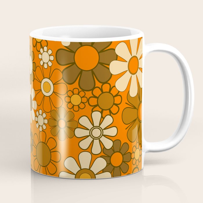 70s Retro Floral Pattern Groovy Garden Flowers in Orange and Brown Coffee Mug Gallery Image 1