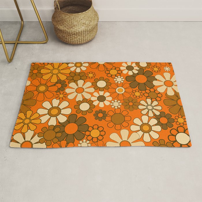 70s Retro Floral Pattern Groovy Garden Flowers in Orange and Brown Rug Gallery Image 1