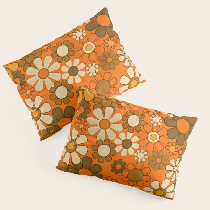 70s Retro Floral Pattern Groovy Garden Flowers in Orange and Brown Pillow Sham Gallery Image 1