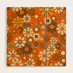 70s Retro Floral Pattern Groovy Garden Flowers in Orange and Brown Wood Wall Art Gallery Image 1