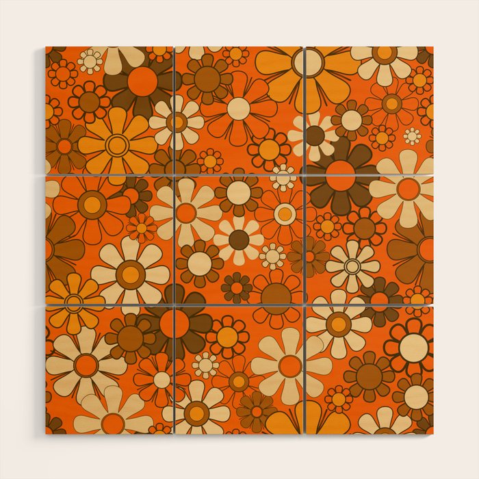 70s Retro Floral Pattern Groovy Garden Flowers in Orange and Brown Wood Wall Art Gallery Image 1