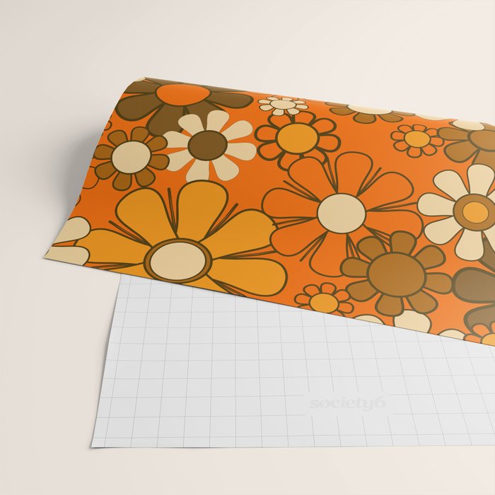 70s Retro Floral Pattern Groovy Garden Flowers in Orange and Brown Wrapping Paper Gallery Image 2
