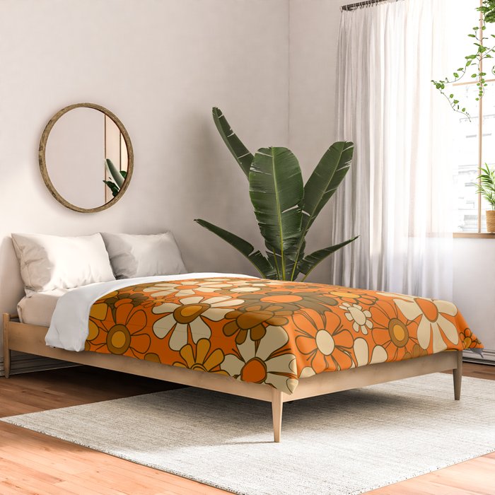 70s Retro Floral Pattern Groovy Garden Flowers in Orange and Brown Comforter Gallery Image 2
