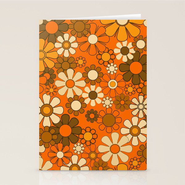 70s Retro Floral Pattern Groovy Garden Flowers in Orange and Brown Stationery Card Gallery Image 1