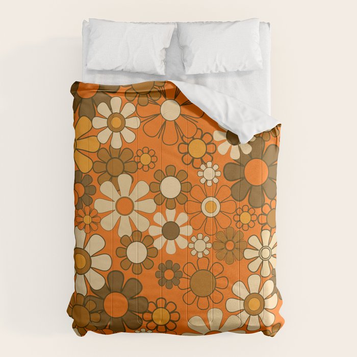 70s Retro Floral Pattern Groovy Garden Flowers in Orange and Brown Comforter Gallery Image 6