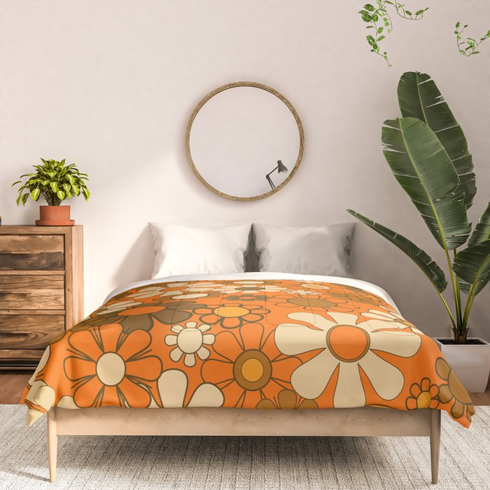 70s Retro Floral Pattern Groovy Garden Flowers in Orange and Brown Comforter Gallery Image 3