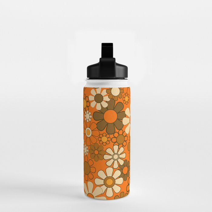 70s Retro Floral Pattern Groovy Garden Flowers in Orange and Brown Water Bottle Gallery Image 2