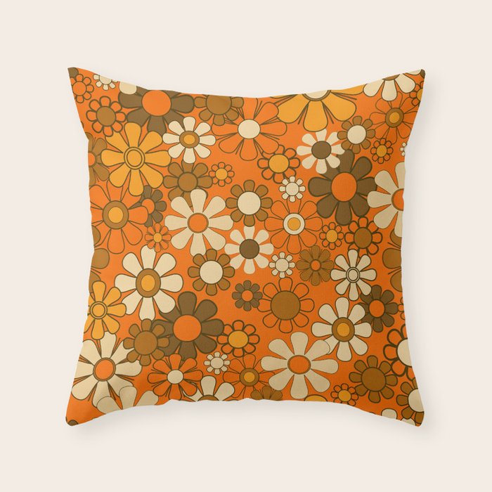 70s Retro Floral Pattern Groovy Garden Flowers in Orange and Brown Throw Pillow Gallery Image 1