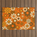 70s Retro Floral Pattern Groovy Garden Flowers in Orange and Brown Outdoor Rug Gallery Image 1