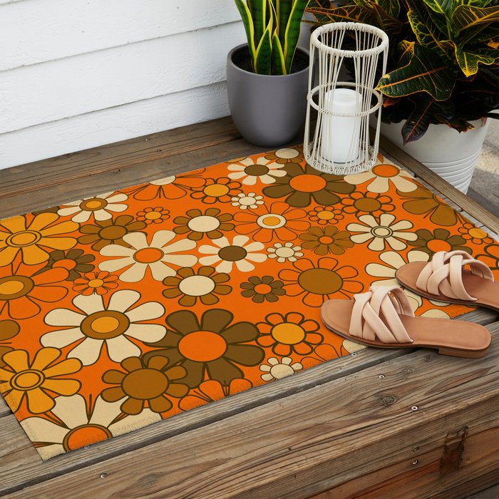 70s Retro Floral Pattern Groovy Garden Flowers in Orange and Brown Outdoor Rug Gallery Image 2