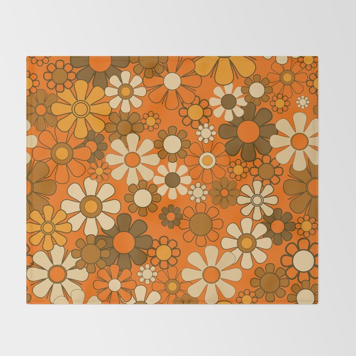70s Retro Floral Pattern Groovy Garden Flowers in Orange and Brown Throw Blanket Gallery Image 2