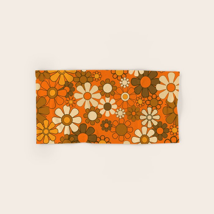 70s Retro Floral Pattern Groovy Garden Flowers in Orange and Brown Bath Towel Gallery Image 1