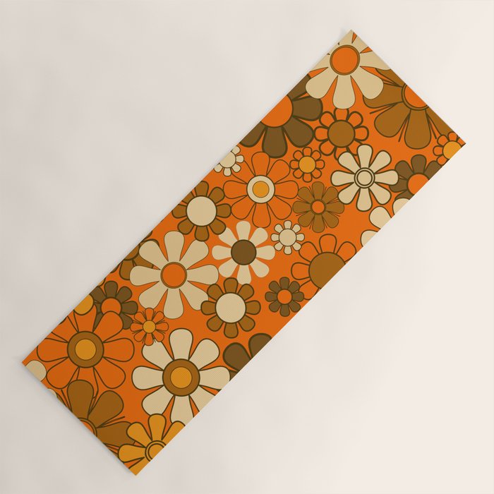 70s Retro Floral Pattern Groovy Garden Flowers in Orange and Brown Yoga Mat Gallery Image 1
