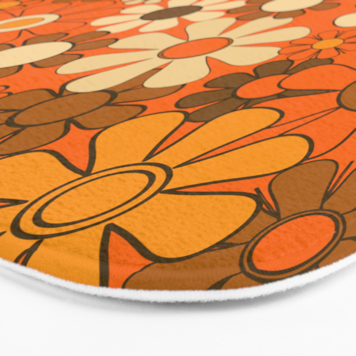 70s Retro Floral Pattern Groovy Garden Flowers in Orange and Brown Bath Mat Gallery Image 3