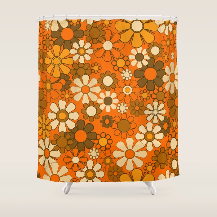 70s Retro Floral Pattern Groovy Garden Flowers in Orange and Brown Shower Curtain Gallery Image 1