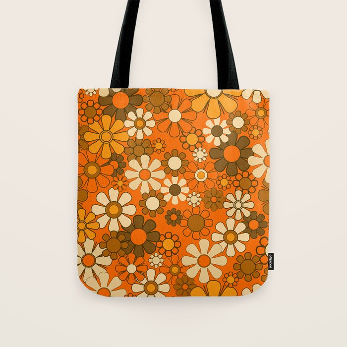 70s Retro Floral Pattern Groovy Garden Flowers in Orange and Brown Tote Bag Gallery Image 1