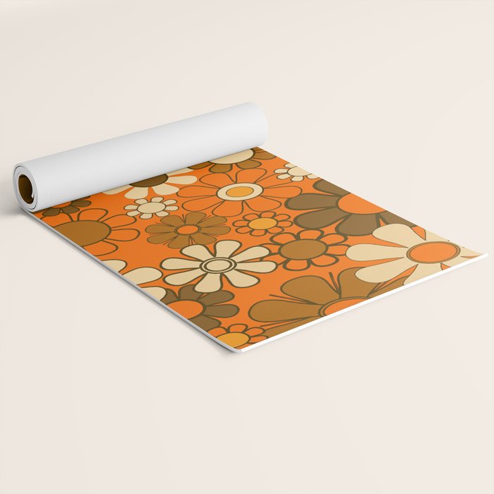 70s Retro Floral Pattern Groovy Garden Flowers in Orange and Brown Yoga Mat Gallery Image 2