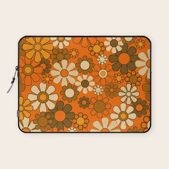 70s Retro Floral Pattern Groovy Garden Flowers in Orange and Brown Laptop Sleeve Gallery Image 1